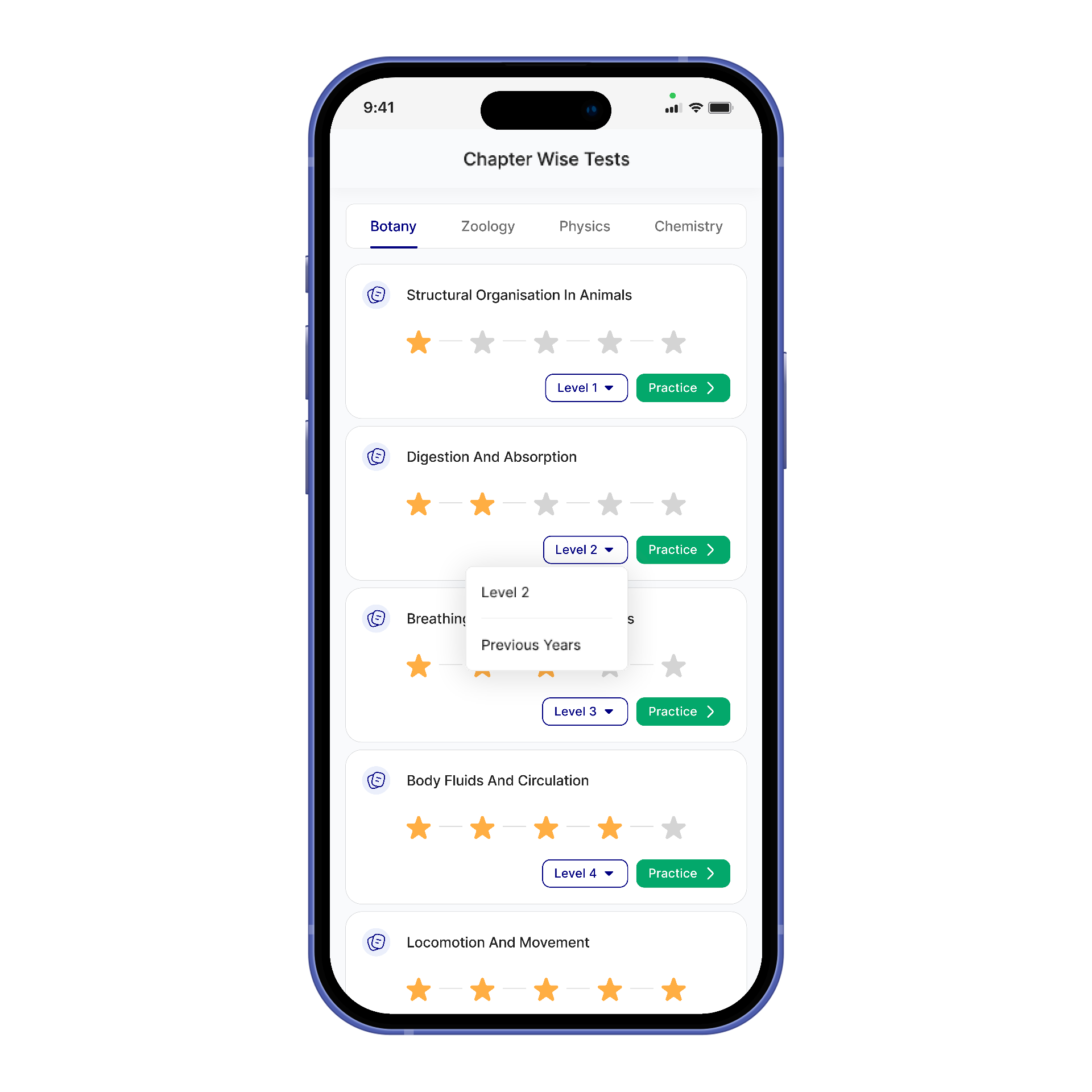 TopAll Chapter Wise Tests Screen